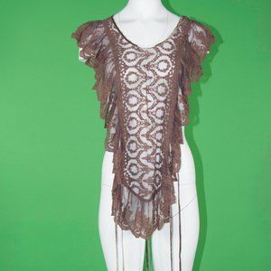 ARROGANT CAT Lace Crochet Boho Top Blouse Brown Tie Goth Small